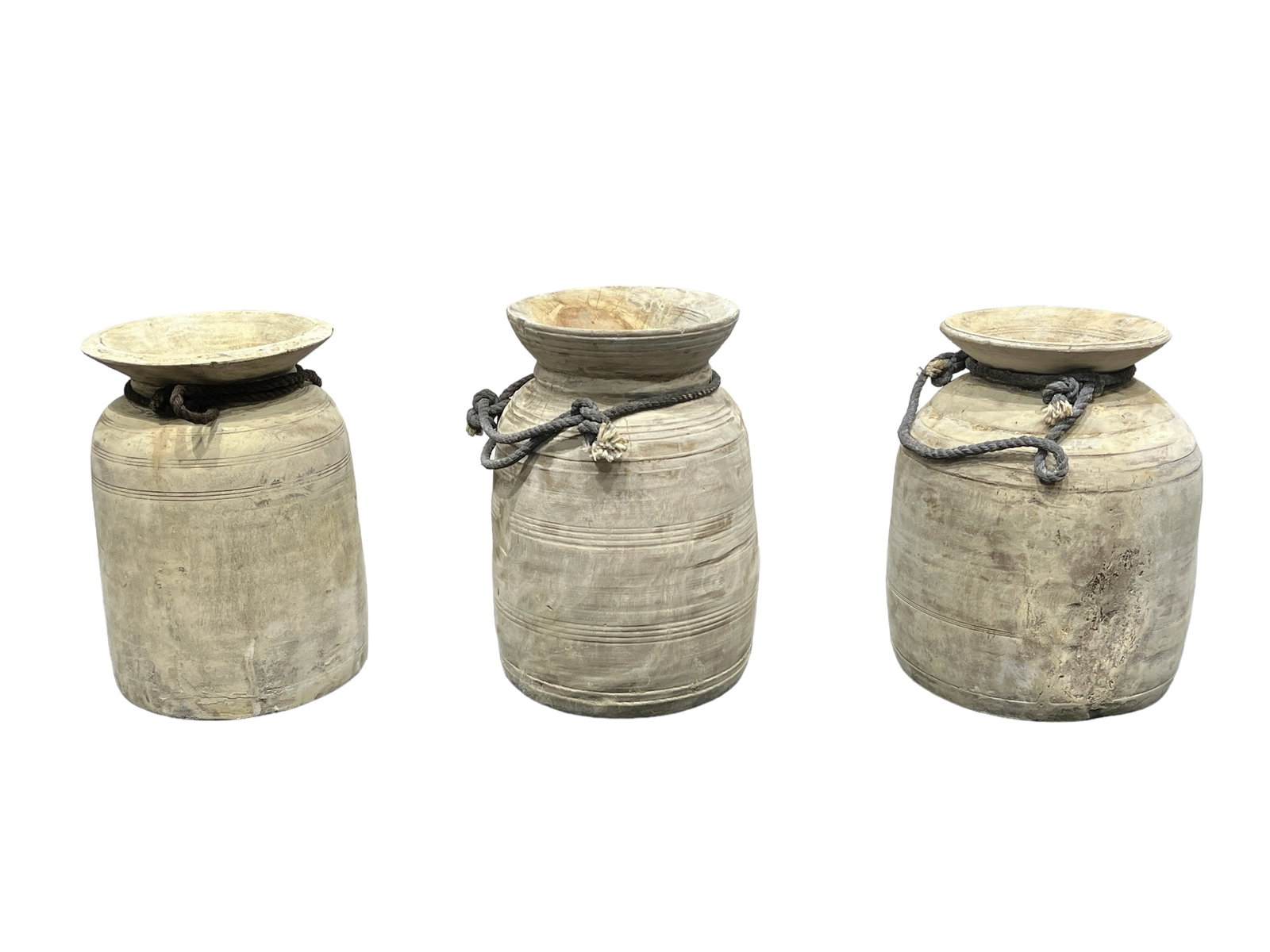 3pc. Lot of Wooden Water Pots w/ Rope Handles tallest - 16"H, 10 5/8" diam.: 3pc. Lot of Wooden Water Pots w/ Rope Handles tallest - 16"H, 10 5/8" diam.