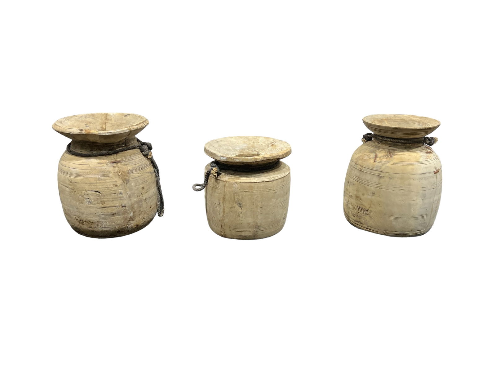 3pc. Lot of Wooden Water Pots w/ Rope Handles Largest - 16 1/2"H   x   14"Diamater    /     Smallest (1 of 8)