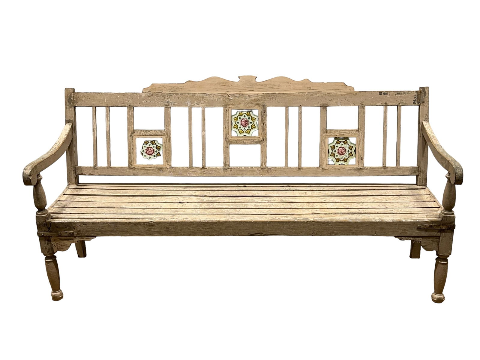 Painted Garden Bench w/ Tiles 35"H, 69 1/2"L, 25 1/2"W: Painted Garden Bench w/ Tiles 35"H, 69 1/2"L, 25 1/2"W