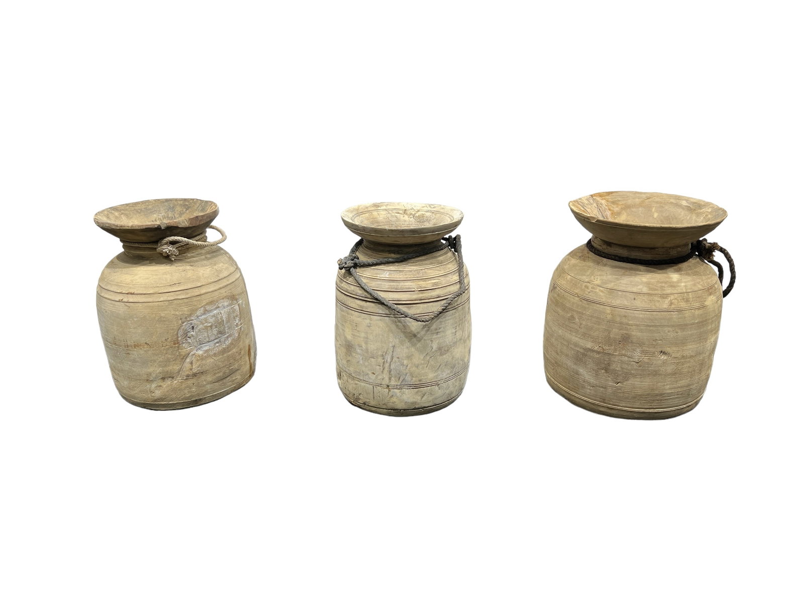 3pc. Lot of Wooden Water Pots w/ Rope Handles Largest - 15 34"H x 13"Diamater: 3pc. Lot of Wooden Water Pots w/ Rope Handles Largest - 15 34"H x 13"Diamater