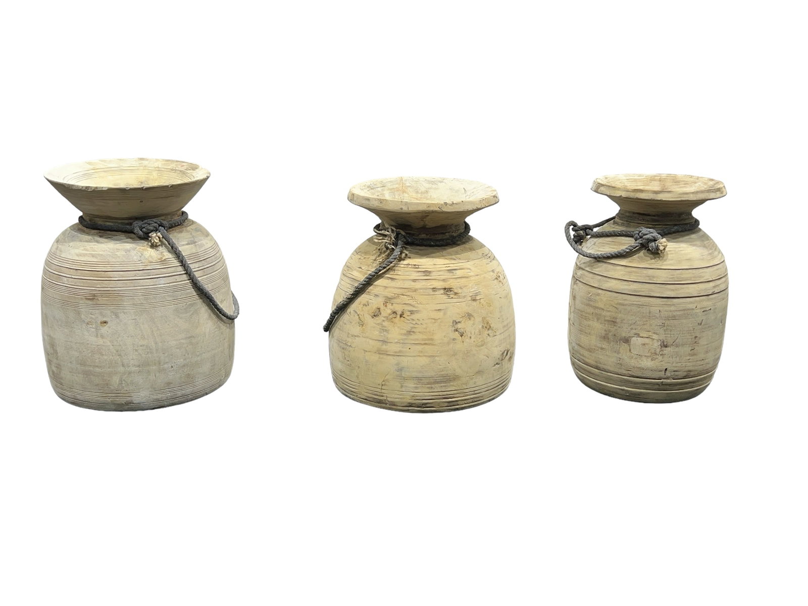 3pc. Lot of Wooden Water Pots w/ Rope Handles tallest - 17"H, 14" diam.: 3pc. Lot of Wooden Water Pots w/ Rope Handles tallest - 17"H, 14" diam.