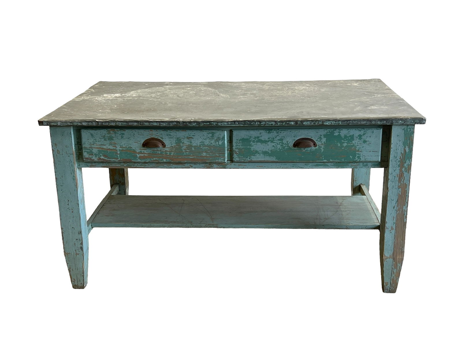 Blue Painted Zinc Top Work Table 29"H, 56 1/2"L, 35"W (1 of 6)