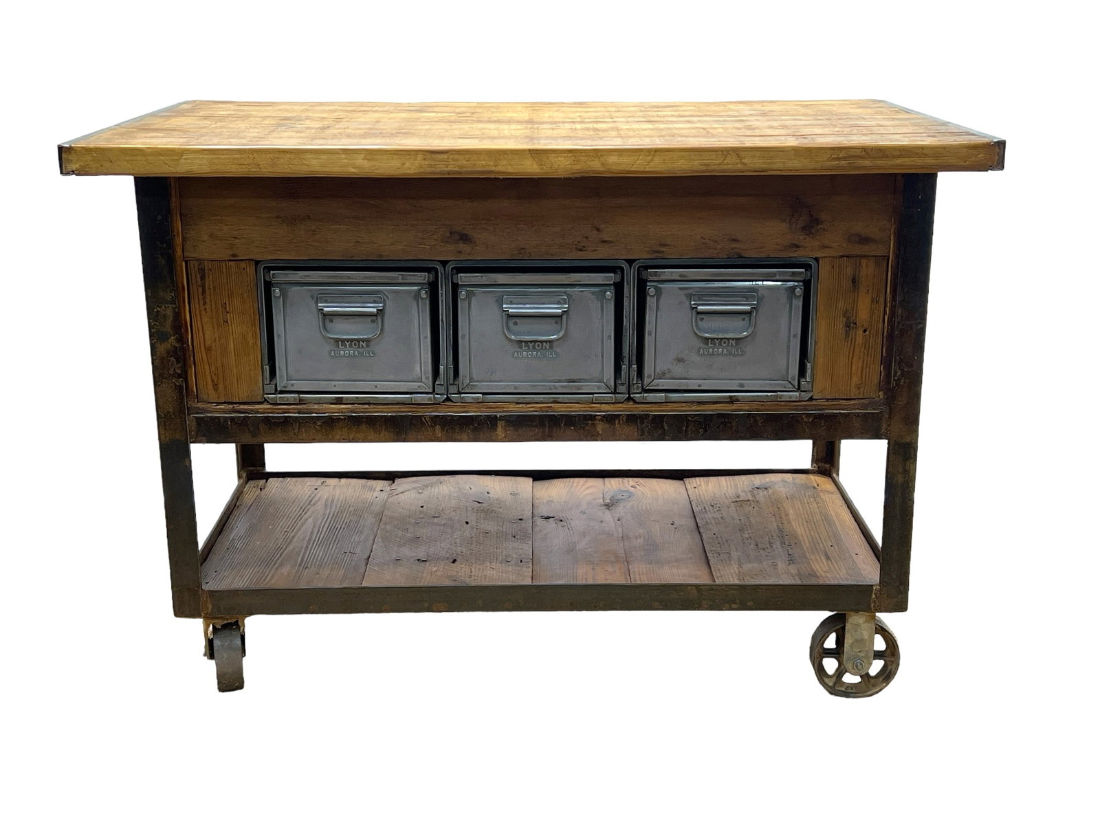 Industrial Work Island w/ Metal Bins 38 7/8"H, 55 1/8"L, 33 1/4"W: Industrial Work Island w/ Metal Bins 38 7/8"H, 55 1/8"L, 33 1/4"W