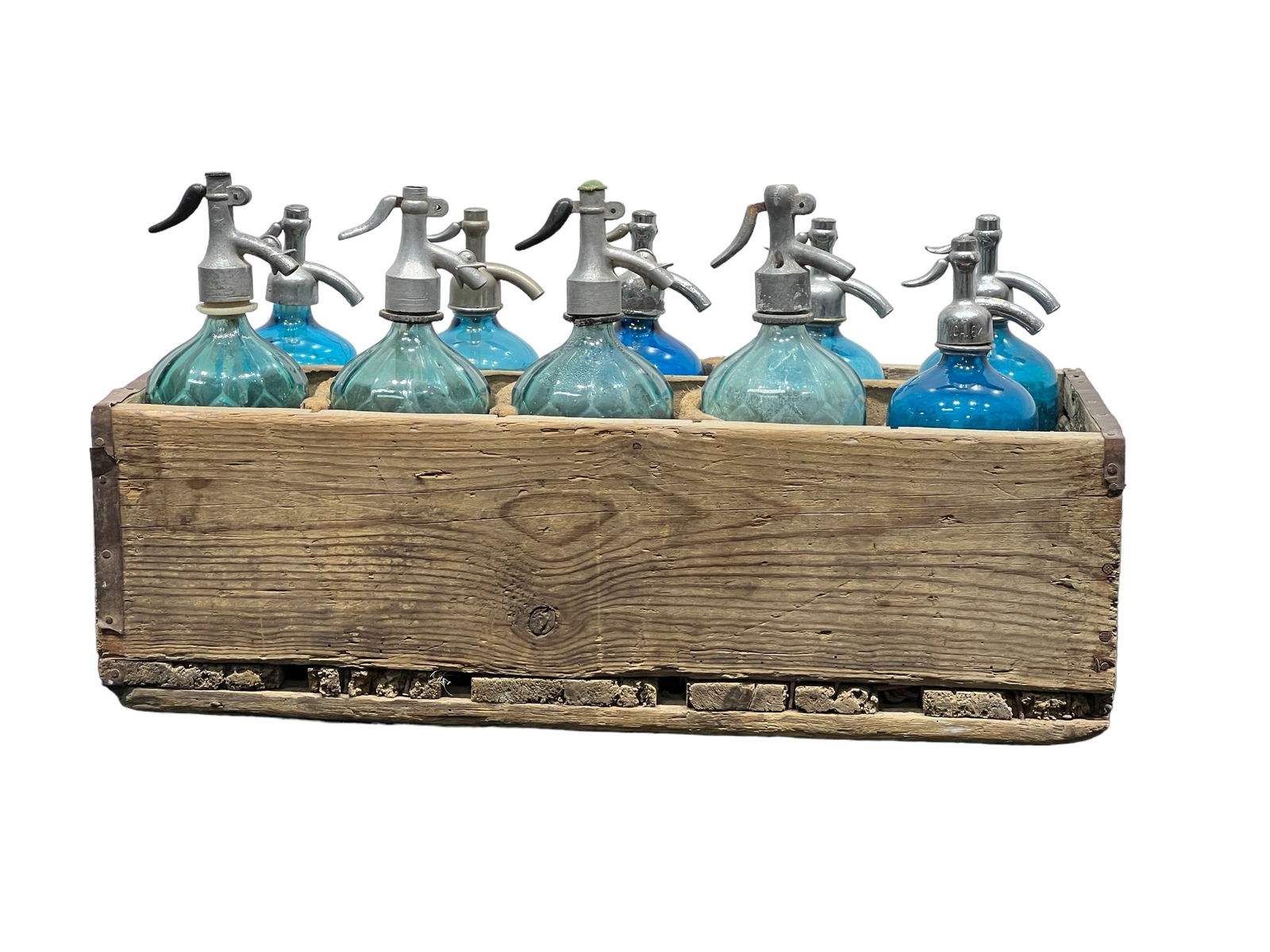 10 PC Seltzer Bottles in Wooden Crate 15"H, 25 1/2"L, 11"W (1 of 8)