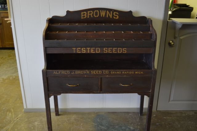 Brown's Seed Display with Seed Packets 50"H, 42"L, 16"W: Brown's Seed Display with Seed Packets 50"H, 42"L, 16"W