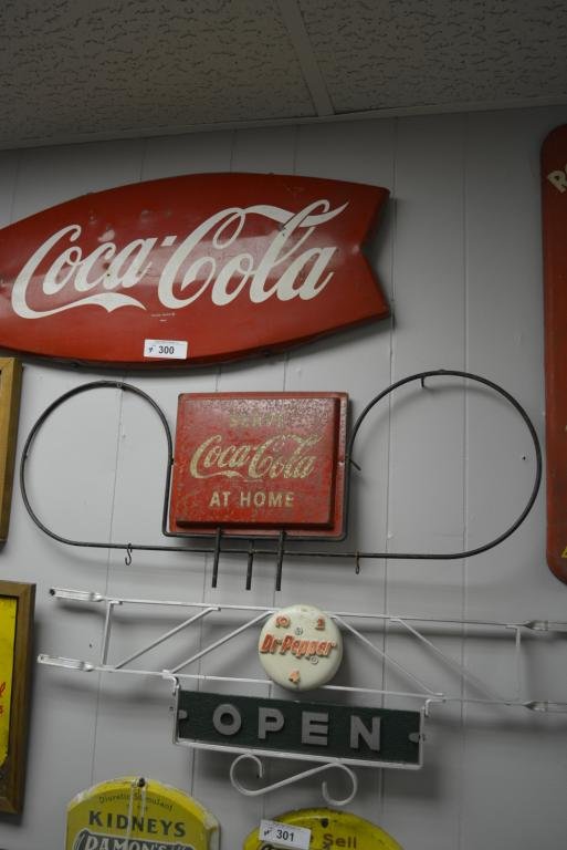 3pc. Advertising Lot Coca-Cola Sign, Coca-Cola Bottle: 3pc. Advertising Lot Coca-Cola Sign, Coca-Cola Bottle Rack Display Top, Dr.Pepper Open and Closed