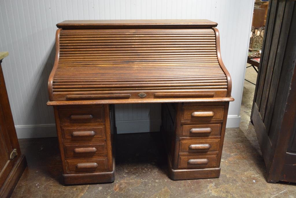 Oak Roll Top Desk with Chair 50"H, 55"L, 34"W: Oak Roll Top Desk with Chair 50"H, 55"L, 34"W