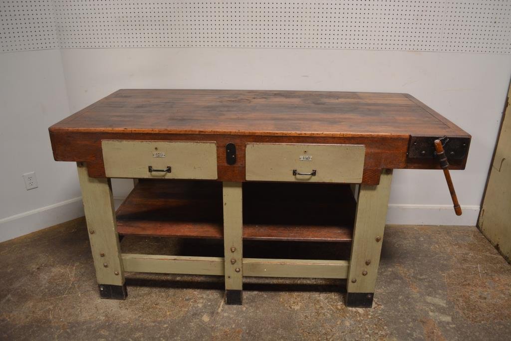 2 Drawer Painted Work Bench 38 1/2"H, 73 3/4"L, 39: 2 Drawer Painted Work Bench 38 1/2"H, 73 3/4"L, 39 3/4"W(at vise)