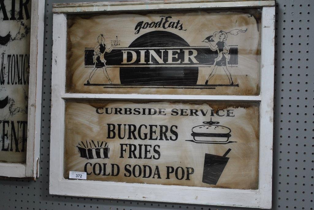 Good Eats Diner Sign 27 1/4" x 31 1/4"; old window w/: Good Eats Diner Sign 27 1/4" x 31 1/4"; old window w/ new paint