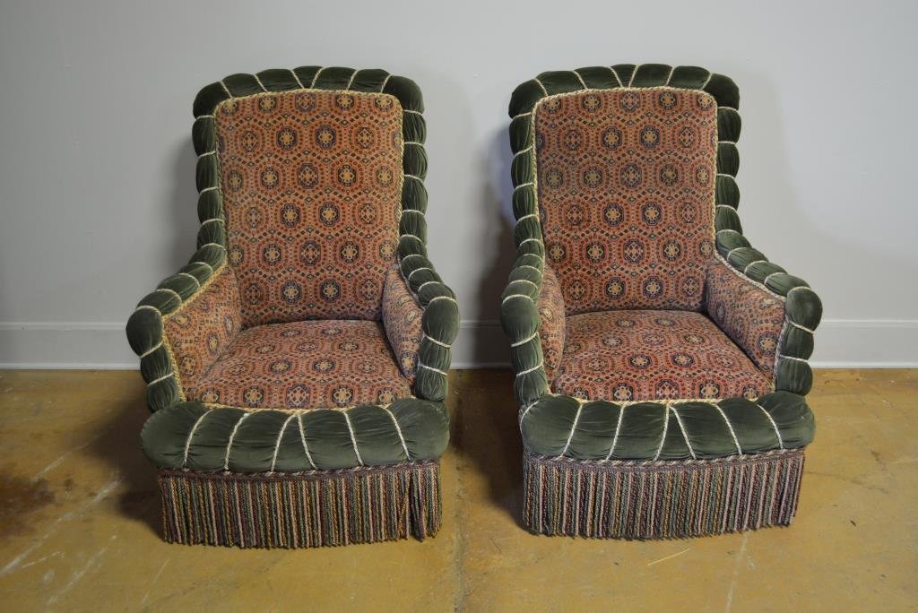 French Napoleon III Upholstered Chairs X2 40"H, 32"L,: French Napoleon III Upholstered Chairs X2 40"H, 32"L, 32"W ea.