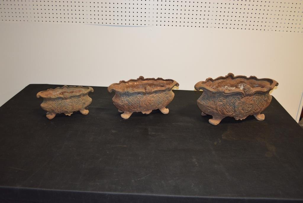 Cast Iron Garden Urns X3 6"H, 12"L, 5 1/4"W / 7: Cast Iron Garden Urns X3 6"H, 12"L, 5 1/4"W / 7 3/4"H, 16 1/4"L, 7 1/2"W / 9 1/4"H, 20"L, 9 1/2"W