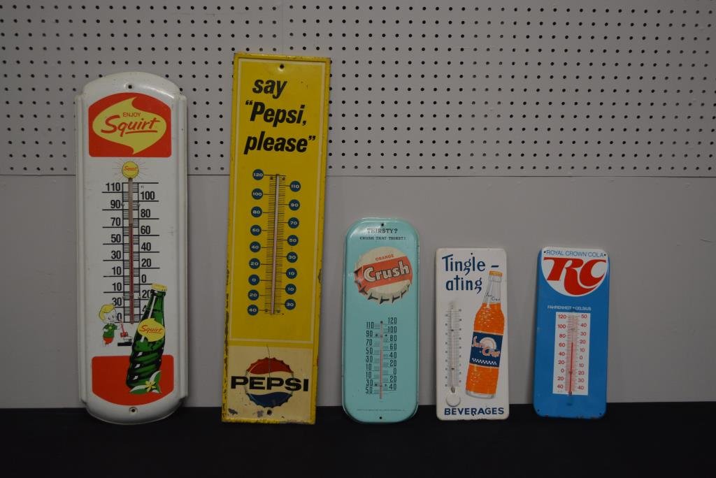 5pc. Advertising Thermometer Lot RC: 5pc. Advertising Thermometer Lot RC Cola,Squirt,Pepsi,Orange Crush, Sun Crest 28 1/4" x 7 1/4" / 27" x 8 1/4" / 16" x 6" / 13 1/2" x 5 3/4" / 13 1/2" x 5 3/4"