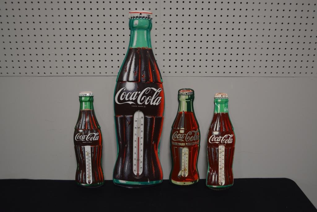 4pc. Coca-Cola Advertising Thermometer Lot 17" x 5: 4pc. Coca-Cola Advertising Thermometer Lot 17" x 5 1/4" / 16 1/2" x 5" / 29 1/2" x 8 3/4" / 16 1/2" x 4 3/4"
