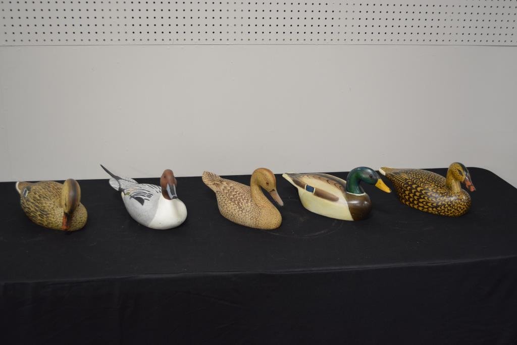 5pc. Wood Duck Decoy Lot 7"H, 14"L, 5 1/4"W   /   7"H, (1 of 9)