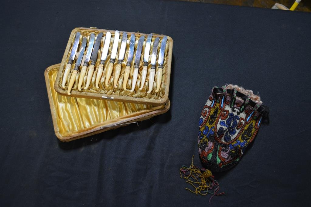 2pc. Lot Victorian Beaded Bag, Early Bone Handle Knife: 2pc. Lot Victorian Beaded Bag, Early Bone Handle Knife Set Bag-- 12" x 61/2" Case-- 1 3/4"H, 11 1/4" x 8 1/2"