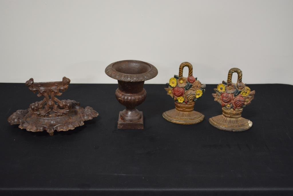 4pc. Lot Boot Scrapper, Urn, 2 Flower Door Stops 7"H, (1 of 4)