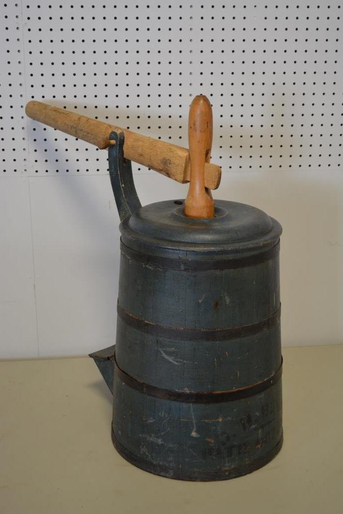 Painted Country Butter Churn 28"H, 27 1/4"L(handle), 14: Painted Country Butter Churn 28"H, 27 1/4"L(handle), 14 1/2" round