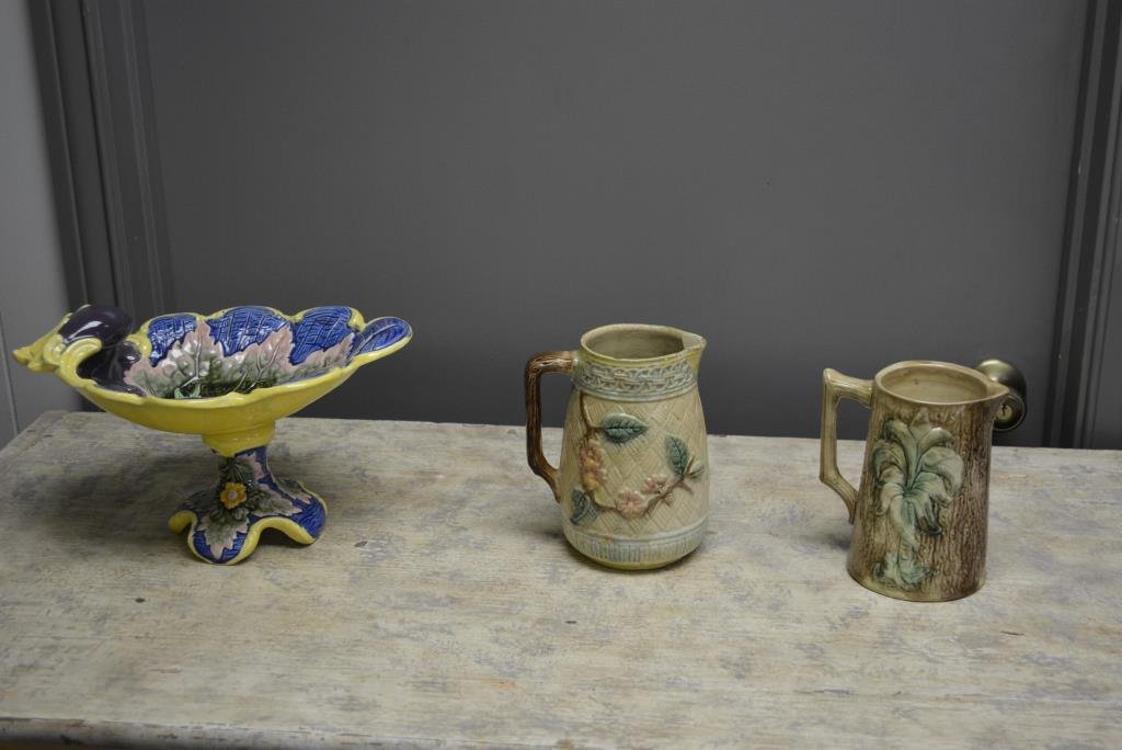 3pc. Majolica Lot- Compote, 2 Pitchers (1 of 6)