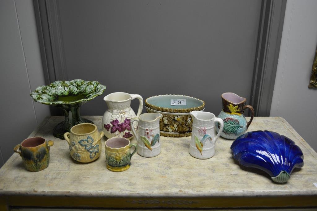 10-Piece Majolica lot/ pitchers, compote, mugs (1 of 10)