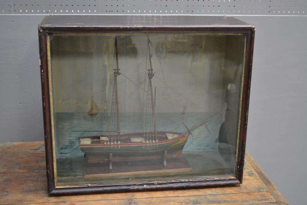Early Folk Art Ship Model Shadow Box 25"H,  29 1/2"L, (1 of 7)