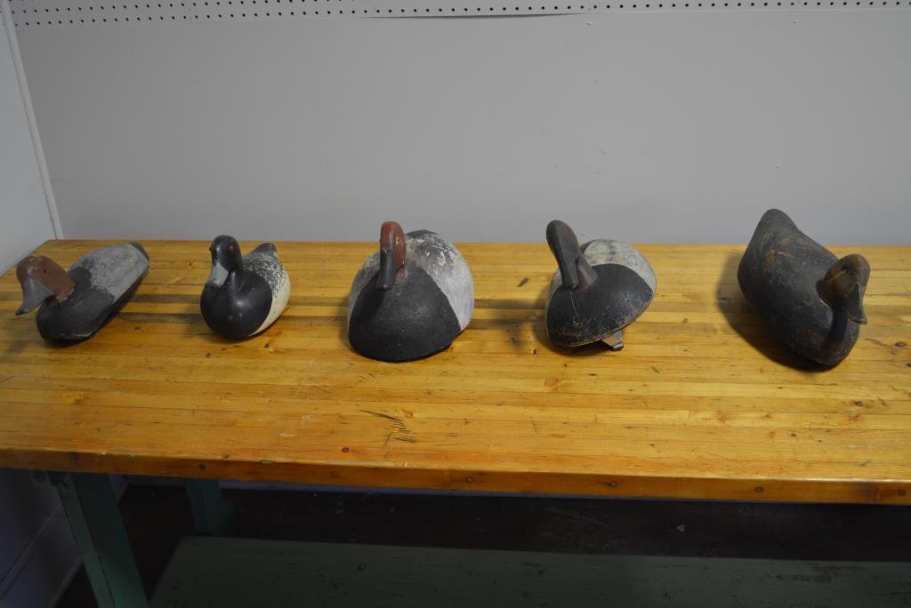 5pc. Duck Decoy Lot 7 3/4"H, 17 3/4" x 7 1/2": 5pc. Duck Decoy Lot 7 3/4"H, 17 3/4" x 7 1/2" / 10"H, 13 3/4"L, 8"W 8 1/2"H, 13 1/2"L, 8 1/2"W / 7"H, 12 1/4"L, 6 1/4"W 7 1/4"H, 15 1/2"L, 7"W