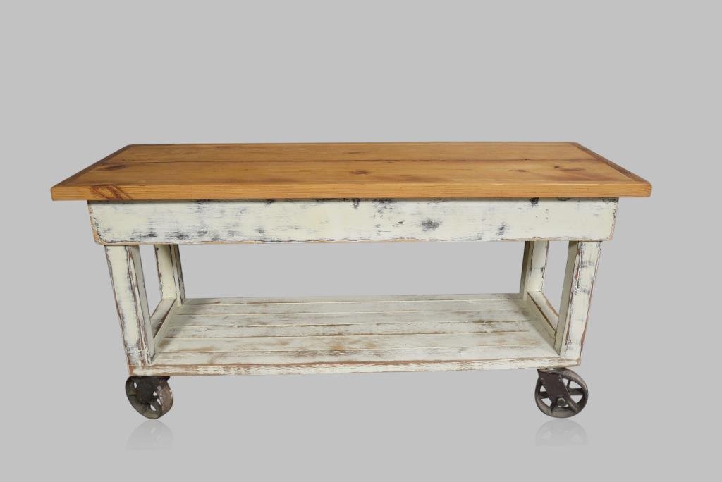 Painted Work Table on Casters 39"H,  75"L,  26 1/2"W (1 of 2)