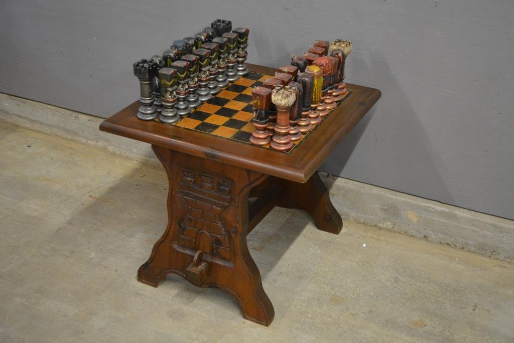 Hand Carved Chess Table w/ Pieces (1 of 2)