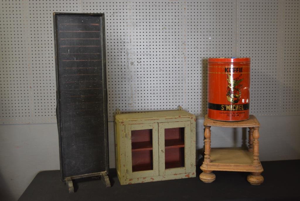 4pc. Lot hanging cabinet,  koffie tin,  sidewalk board, (1 of 1)