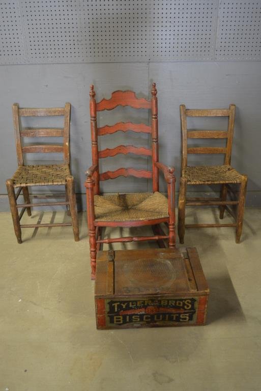 4pc. Lot biscuit box,  2 chairs,  rocker (1 of 1)