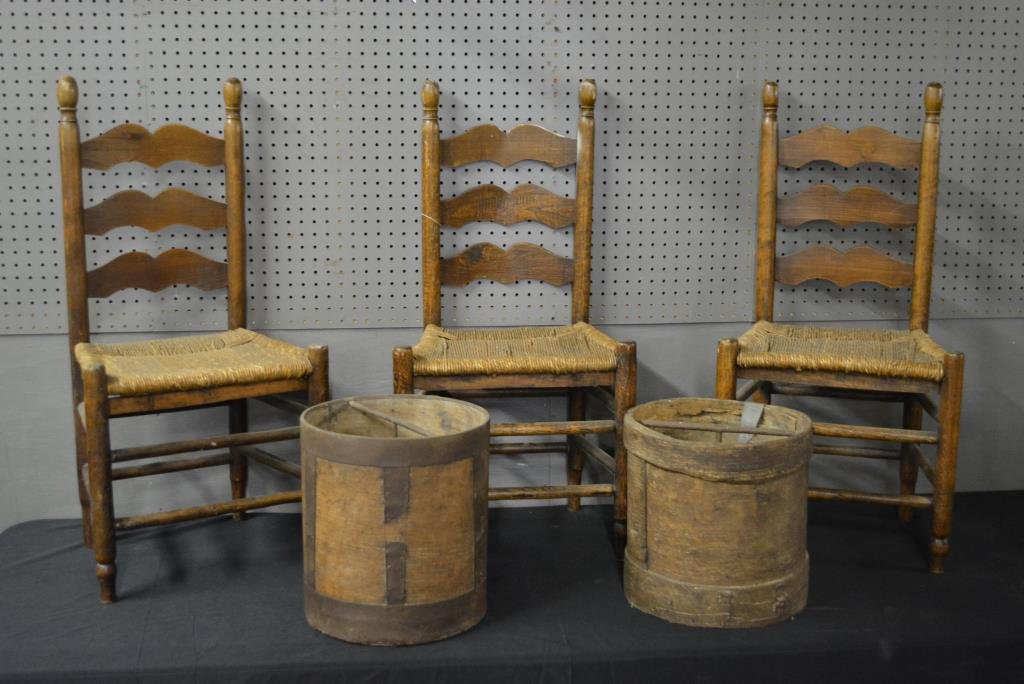 5pc. Lot 2 buckets, 3 ladder back chairs (1 of 1)