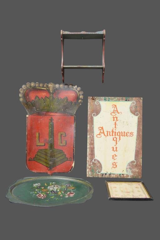 5-Piece Lot tole tray/ antique sign/ sampler/ shelf/ (1 of 7)