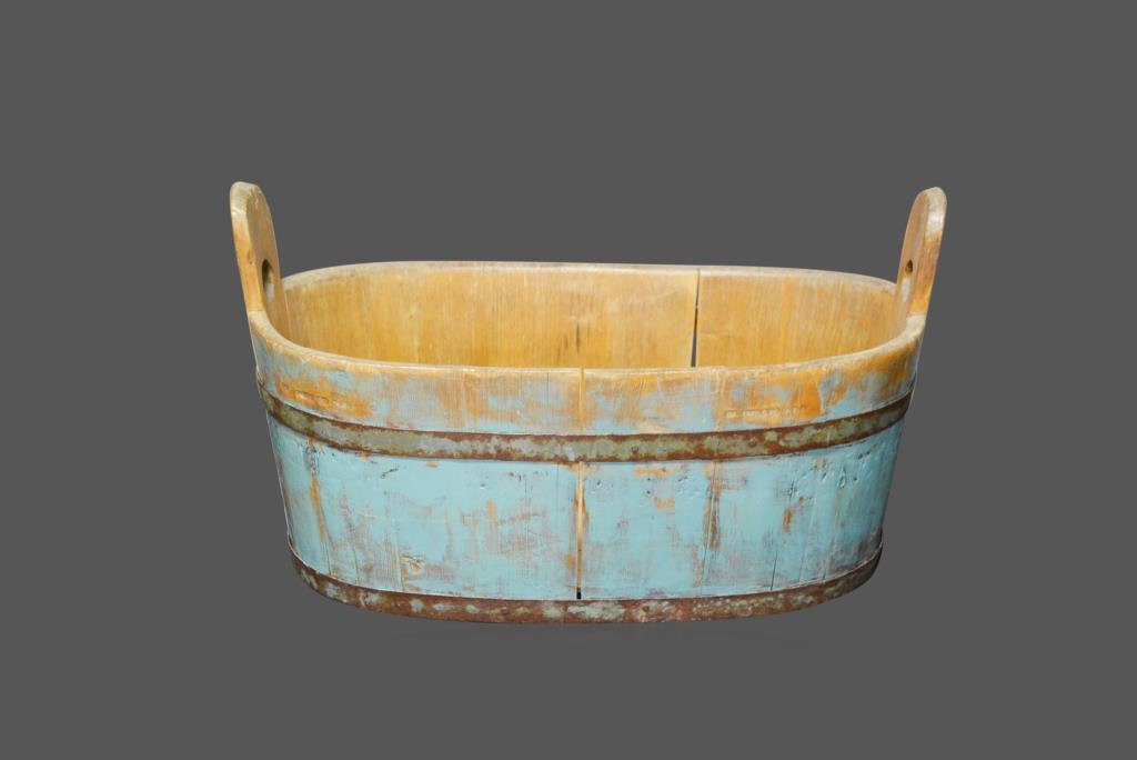 Early Wooden Tub in original blue paint surface *Jean: Early Wooden Tub in original blue paint surface *Jean Hess Collection 16 3/4"H(top of handle), 28 1/4"L, 16 1/2"W