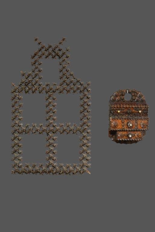 2-Piece Tramp Art Lot comb box & crown of thorns frame (1 of 3)