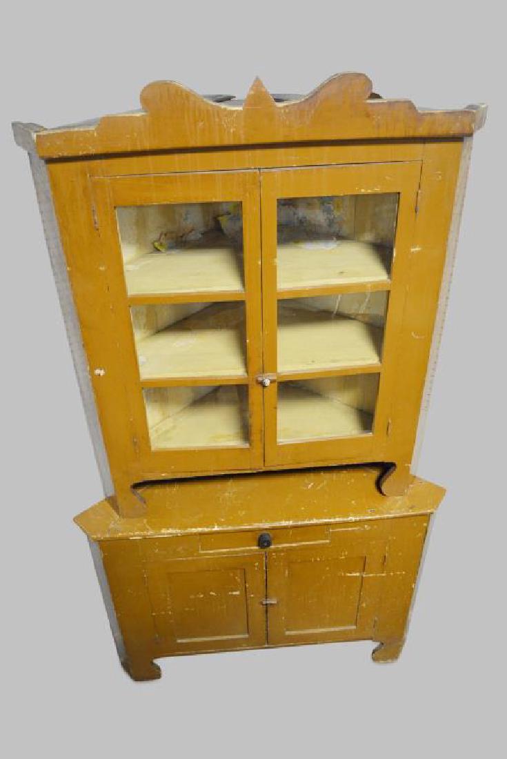 Mustard Painted 2pc. Corner Cupboard 89"H,   51"L, (1 of 3)