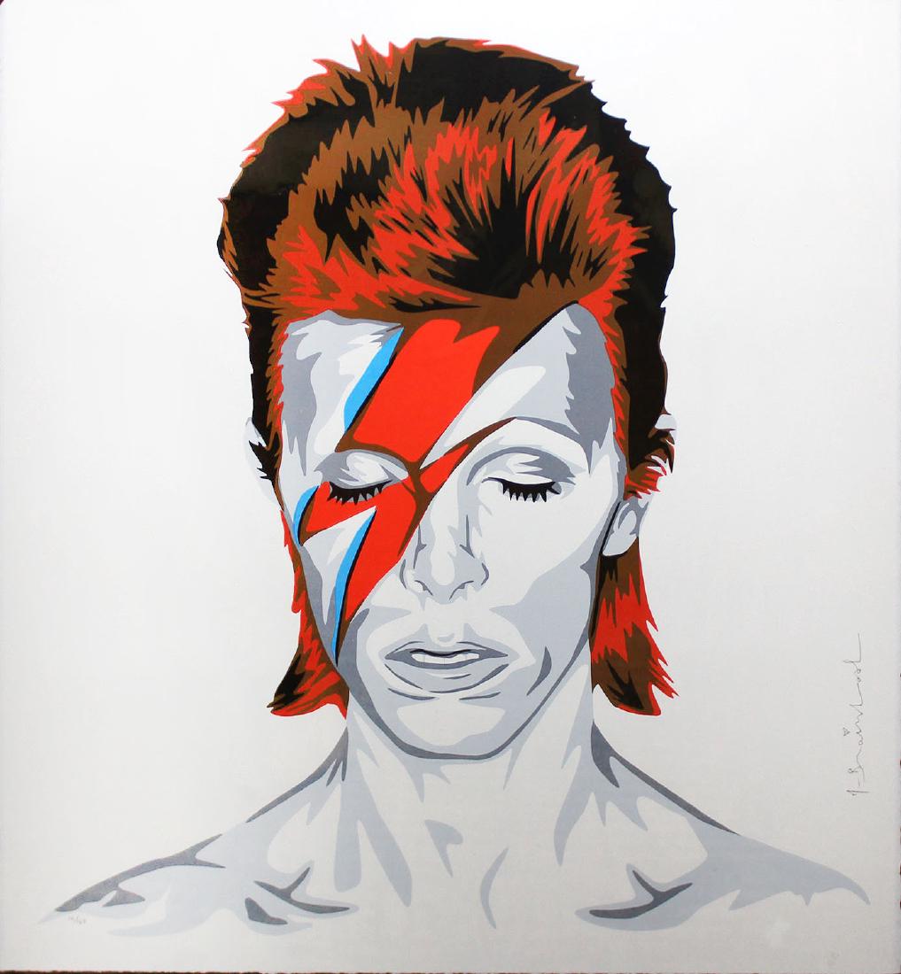 Mr. Brainwash "Bowie": Artist: Mr. Brainwash Title: Bowie Year: 2016 Medium: 6-color screenprint Edition: From the rare limited edition of 169 Size: 22 1/2" x 22 1/2" Signature: Hand signed by the artist in pencil