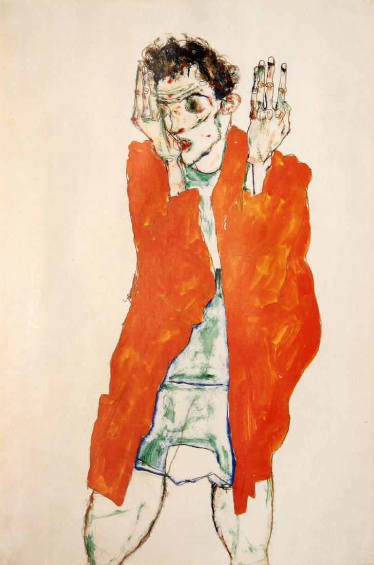 Egon Schiele - Selbstdarstellung Mit Orangefarbenem: Artist: Egon Schiele Title: Selbstdarstellung Mit Orangefarbenem Umhang Year: 1985 Dimensions: 27in. by 19.25in. Edition: 321 from the rare limited edition of 1000