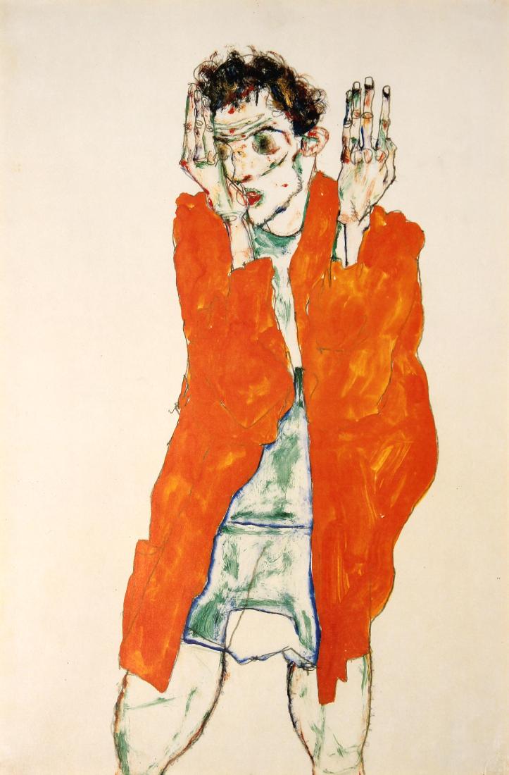 Egon Schiele - Selbstdarstellung Mit Orangefarbenem: Artist: Egon Schiele Title: Selbstdarstellung Mit Orangefarbenem Umhang Year: 1985 Dimensions: 27in. by 19.25in. Edition: 343 from the rare limited edition of 1000