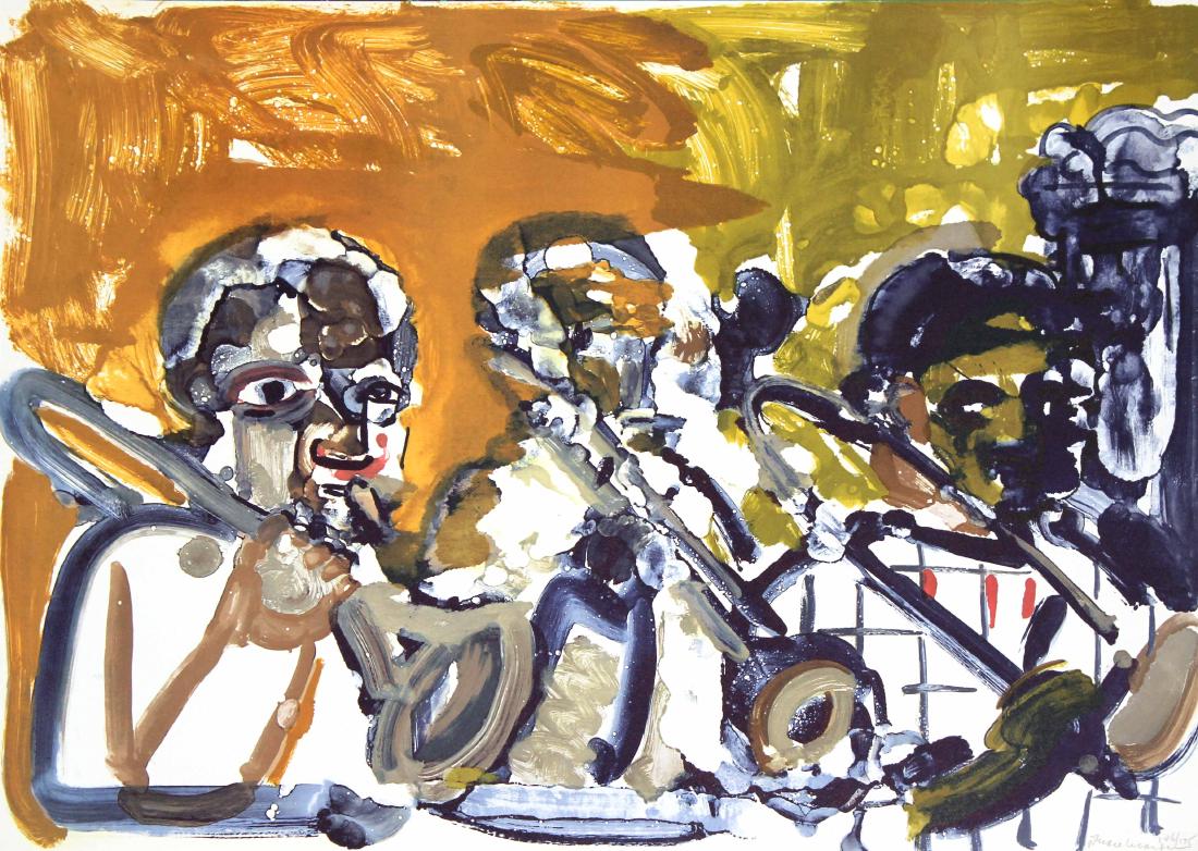 Romare Bearden - Brass Section Jamming at Minton's: Artist: Romare Bearden Title: Brass Section Jamming at Minton's Year: 1979 Dimensions: 25in. by 34.5in. Edition: 146 from the limited edition of 175 Suite: Jazz
