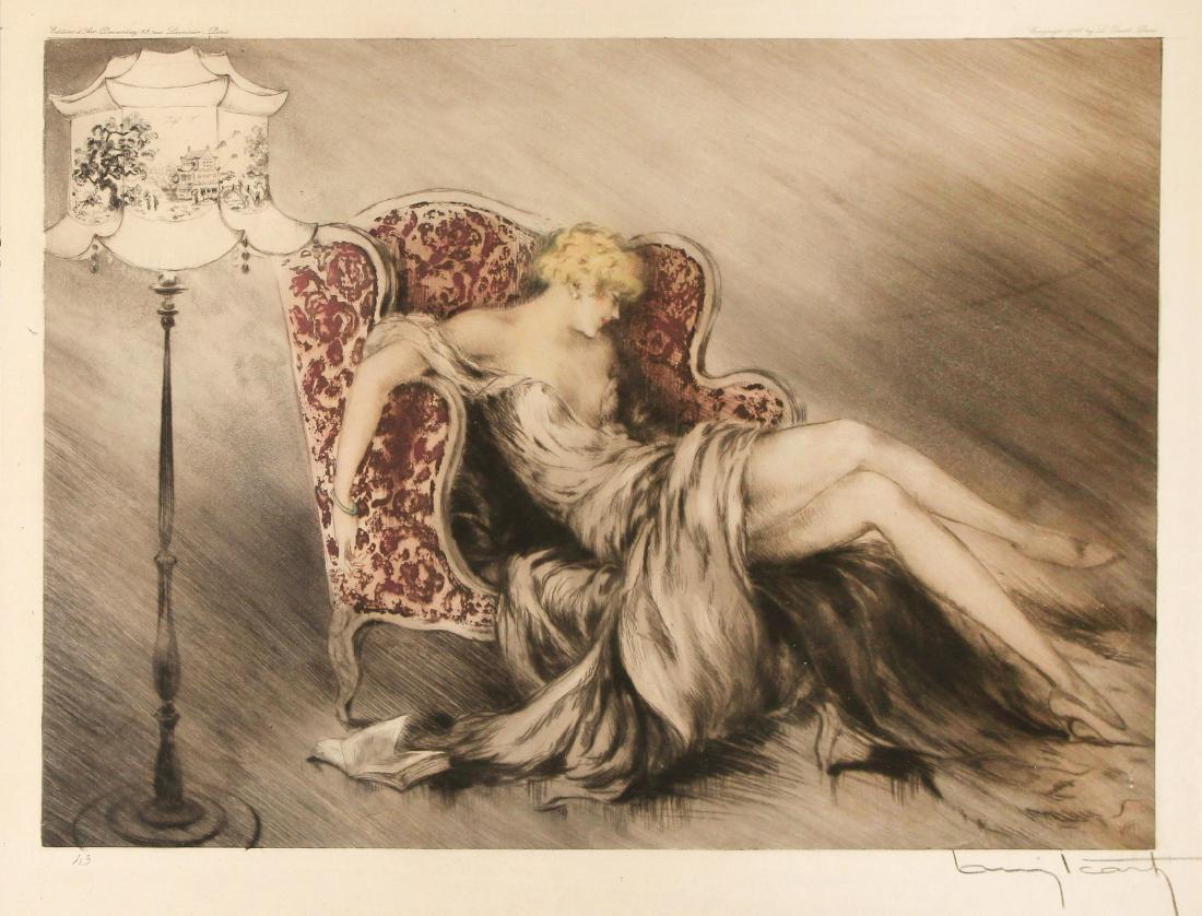 Louis Icart - Meditation: Artist: Louis Icart Title: Meditation Year: 1928 Dimensions: 11.75in. by 16.5in. Edition: From the rare limited edition of 250 Medium: Original dry point etchin