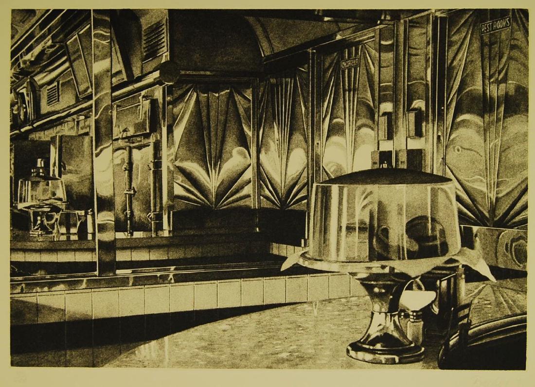 John Baeder - Interior Curly's Diner: Artist: John Baeder Title: Interior Curly's Diner Year: 1979 Dimensions: 22.25in. by 30in. Edition: From the rare limited edition Medium: Original mezzotint on