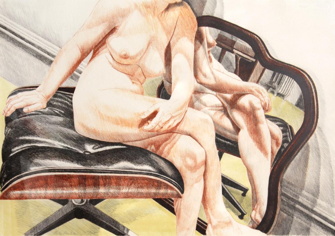 Philip Pearlstein - Female Nude Seated on Eames Ottoman: Artist: Philip Pearlstein Title: Female Nude Seated on Eames Ottoman Dimensions: 27.5in. by 35in. Edition: From the limited edition of 125 Medium: Original lithograph on paper