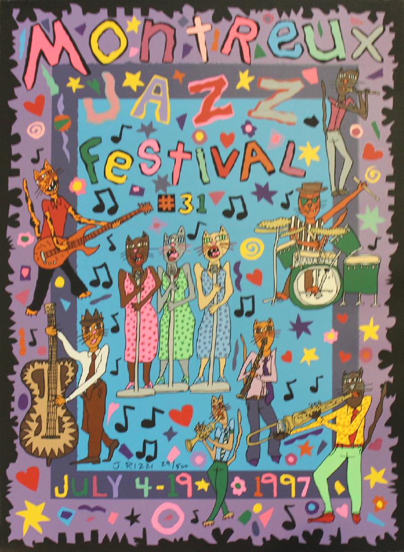 James Rizzi "Montreux Jazz Festival": Artist: James Rizzi Title: Montreux Jazz Festival Medium: Original serigraph in colors Year: 1997 Edition: 29 from the limited edition of 500 Size: 31 1/2" x 22" Signature: Signed by the artist<