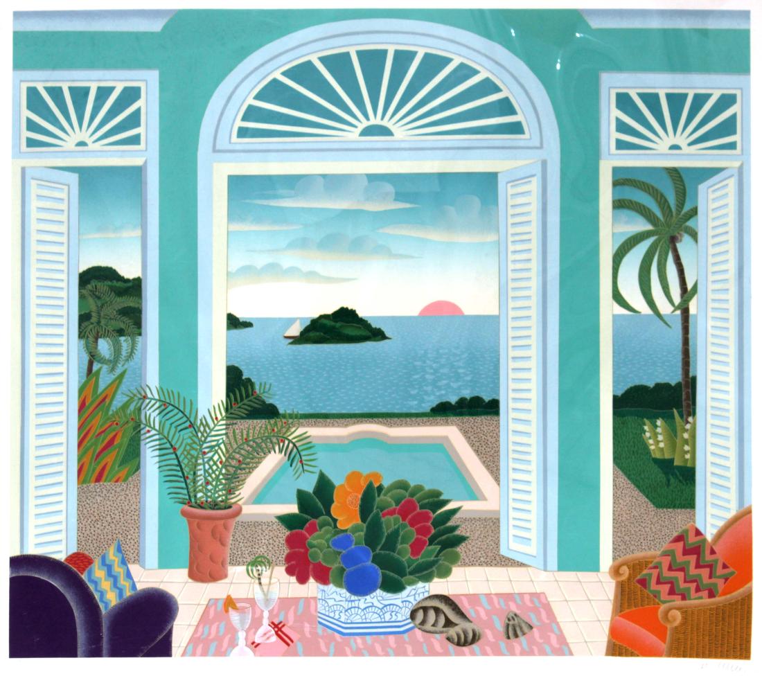 Thomas McKnight - Mustique: Artist: Thomas McKnight Title: Mustique Year: 1988 Dimensions: 27in. by 30in. Edition: From the rare limited edition Medium: Original serigraph on paper