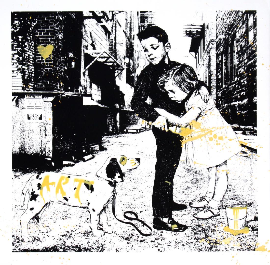 Mr. Brainwash - Pup Art (Yellow): Artist: Mr. Brainwash Title: Pup Art (Yellow) Year: 2012 Dimensions: 22in. by 22in. Edition: From the rare limited edition of 50 Medium: Original serigraph hand