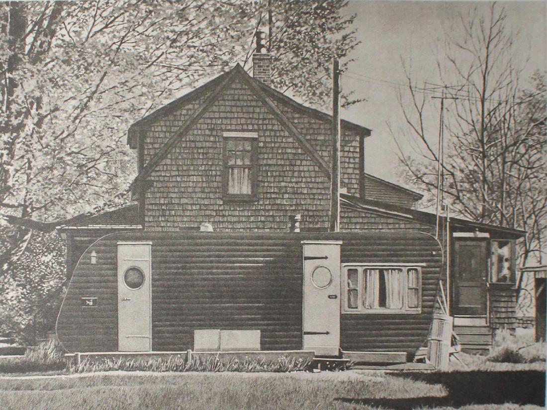 John Baeder - House with Trailer: Artist: John Baeder Title: House with Trailer Year: 1979 Dimensions: 22.5in. by 30in. Edition: From the rare limited edition Medium: Original etching on paper</