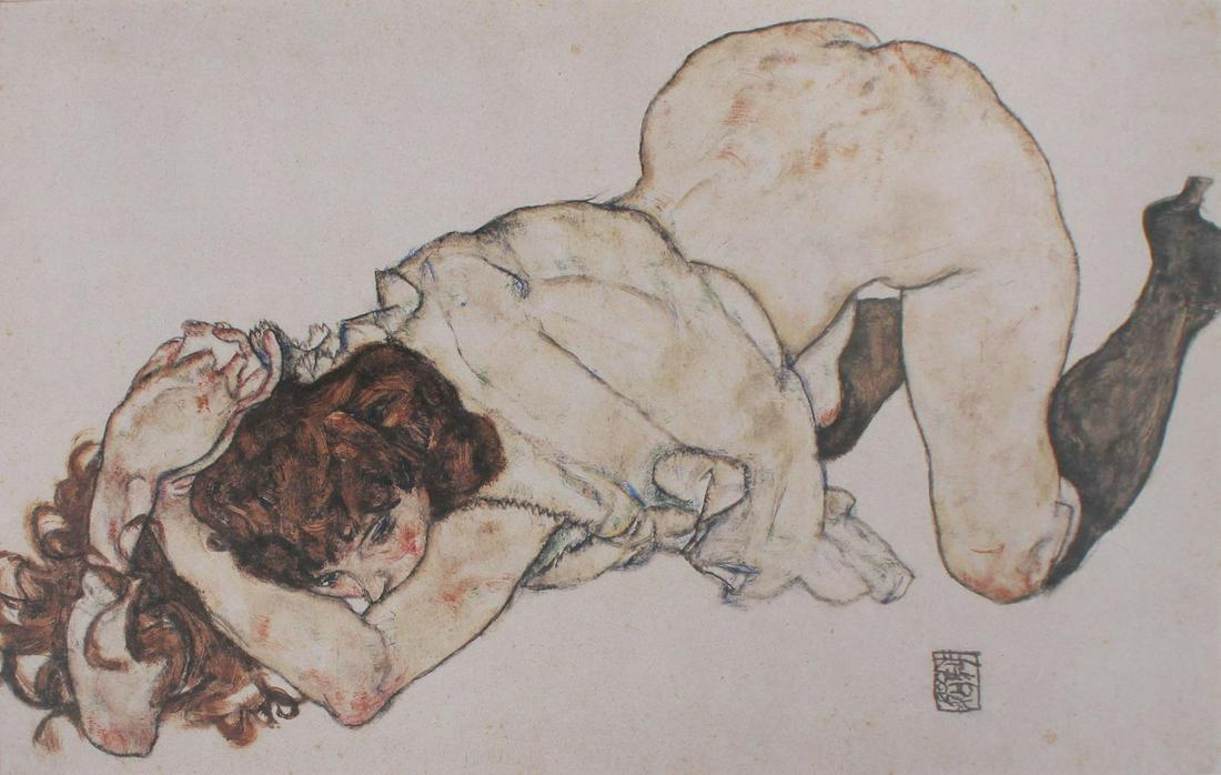 Egon Schiele - Kniendes MÃƒÂ¤dchen auf beide Ellbogen: Artist: Egon Schiele Title: Kniendes MÃƒÂ¤dchen auf beide Ellbogen gestÃƒ¼tzt Year: 1985 Dimensions: 27in. by 19.25in. Edition: 349 from the rare limited edition of 100