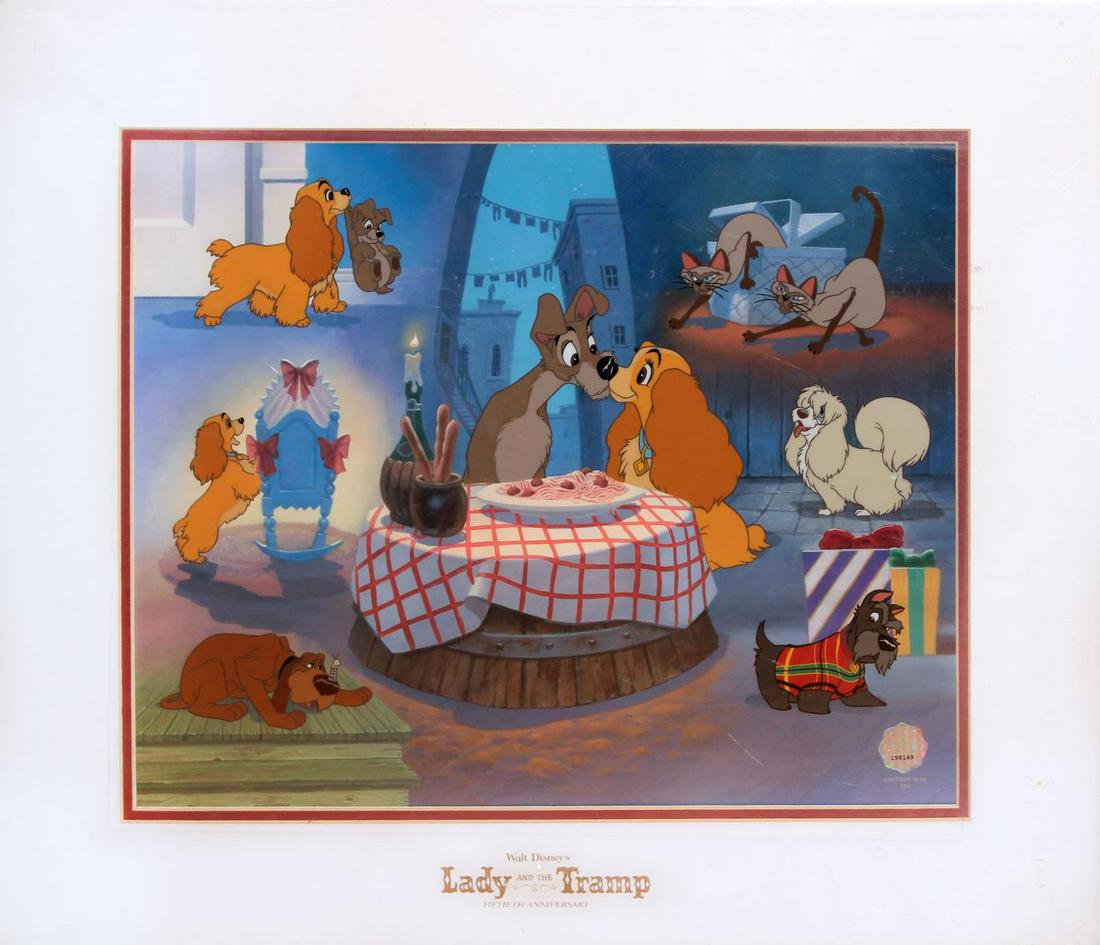 Disney - Lady & the Tramp's Golden Anniversary: Artist: Disney Title: Lady & the Tramp's Golden Anniversary Animation Cel Dimensions: 13.2in. by 16in. Edition: From the rare limited edition of 500 Publisher: Walt Disney Co.