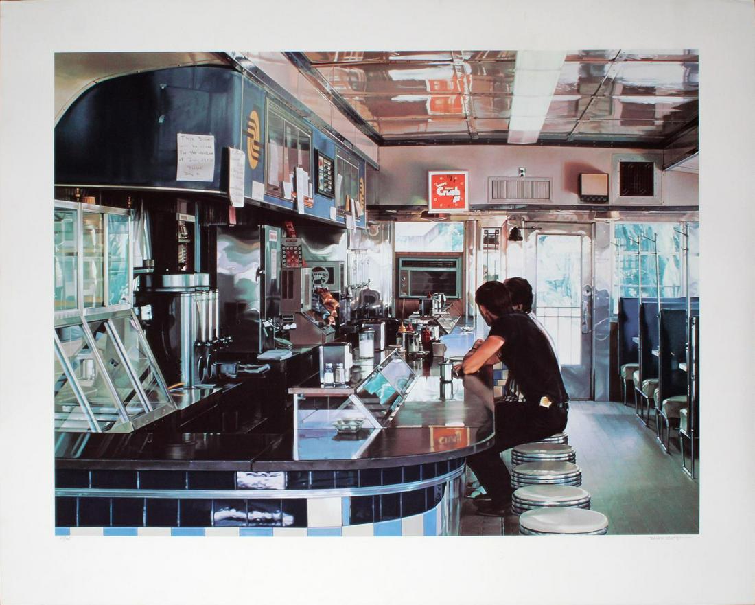 Ralph Goings - Blue Diner: Artist: Ralph Goings Title: Blue Diner Dimensions: 44in. by 35in. Edition: From the rare limited edition of 195 Medium: Original serigraph on paper Condition: E