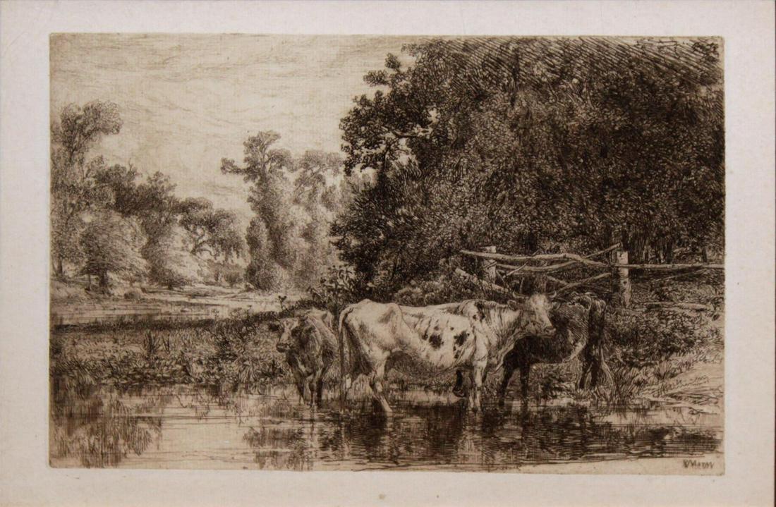 Peter Moran - Cattle in the Stream: Artist: Peter Moran Title: Cattle in the Stream Year: c. 1880's Dimensions: 7 3/8in. by 9 15/16in. Edition: From the rare limited edition Medium: Original etchi