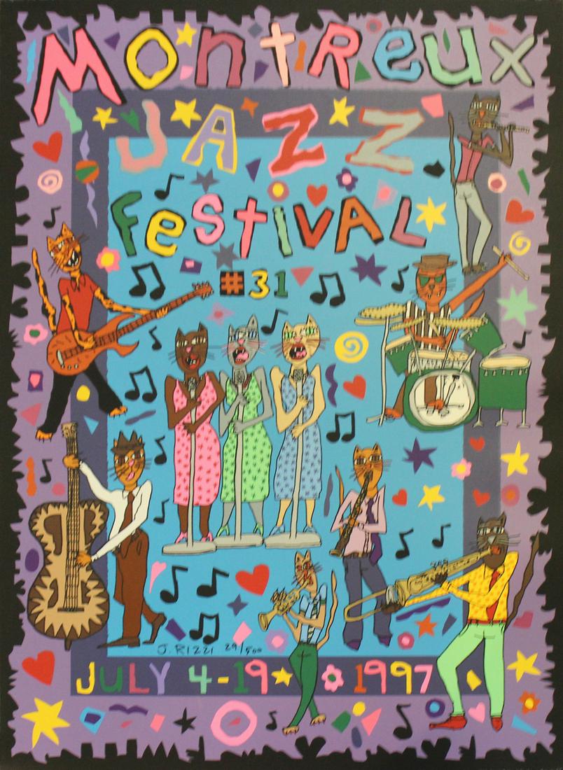 James Rizzi "Montreux Jazz Festival": Artist: James Rizzi Title: Montreux Jazz Festival Medium: Original serigraph in colors Year: 1997 Edition: 99 from the limited edition of 500 Size: 31 1/2" x 22" Signature: Signed by the artist<